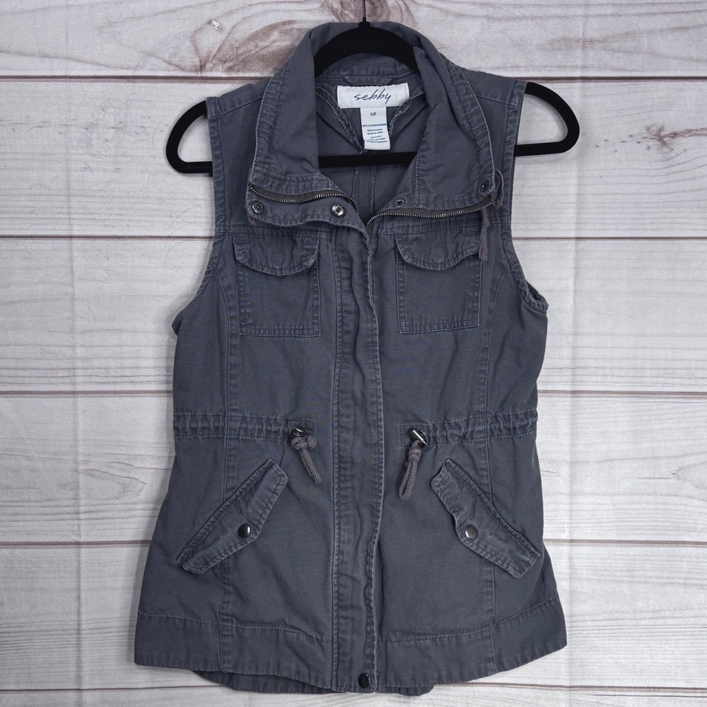 Sebby Womens Gray Cotton Utility Vest Full Zip Drawstring Waist Size Small